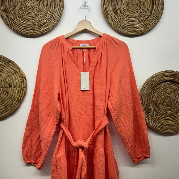 NEW $228 Rails Aureta Mini Dress Medium Cotton Gauzy Long Sleeve Belted Summer - Picture 4 of 7